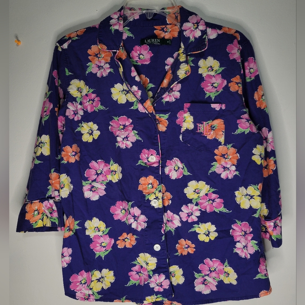 Lauren Ralph Lauren Women's Pajama Top Spring Floral Navy Blue Logo Size M Vntg